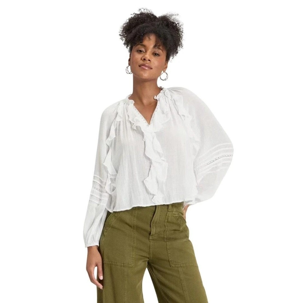 Universal Thread Women's White Ruffle Lace Inset Balloon Sleeve Blouse Size XXL